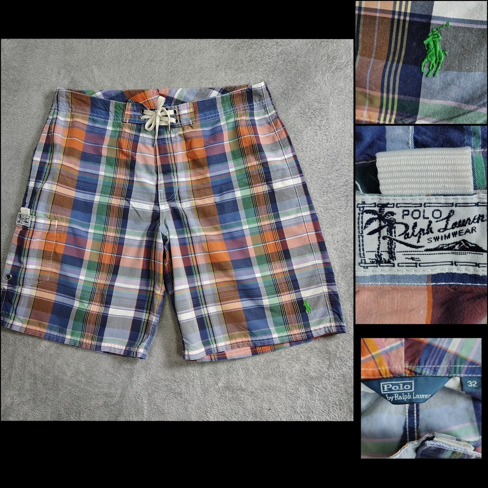 VTG POLO RALPH LAUREN Men's Size 32 Plaid Board Shorts Swim Trunks Preppy Y2K